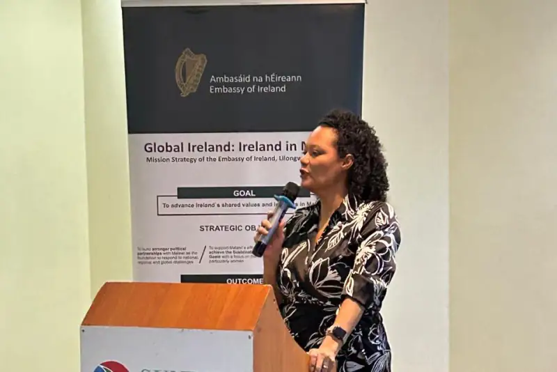 Kerry Kyd speaks at an Embassy of Ireland event in Lilongwe, Malawi