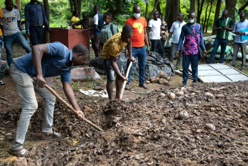 Trainees turn a compost heap with hoes while others watch, Burkina Faso