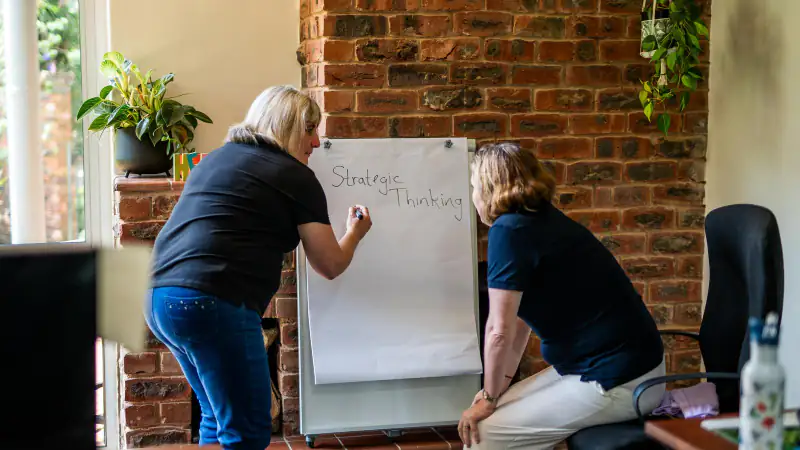 Two Sense consultants writing “Strategic Thinking” on a flip chart