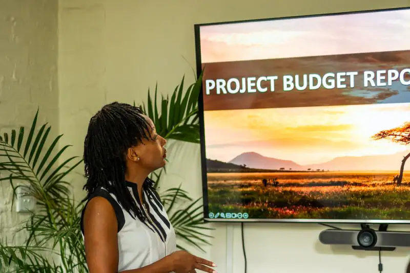 A consultant presents a project budget report on a screen